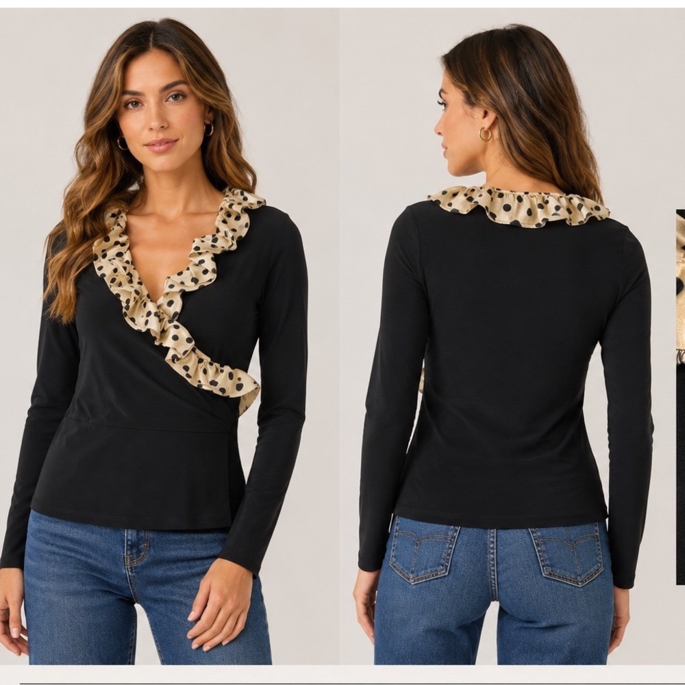 Joseph Ribkoff Black Polka Dot Ruffle Neck Long Sleeve Blouse Top Women Size 12